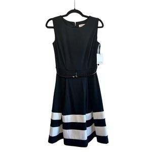 NWT CALVIN KLEIN WOMENS BLACK WHITE FIT AND FLARE DRESS SIZE 2